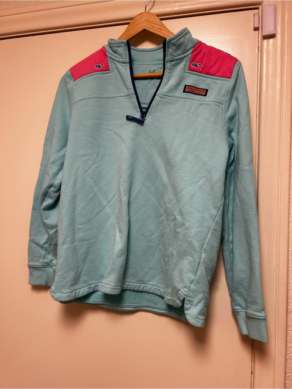 Vineyard Vines Girls Teal Green Quarter-Zip with Pink Shoulder Panels